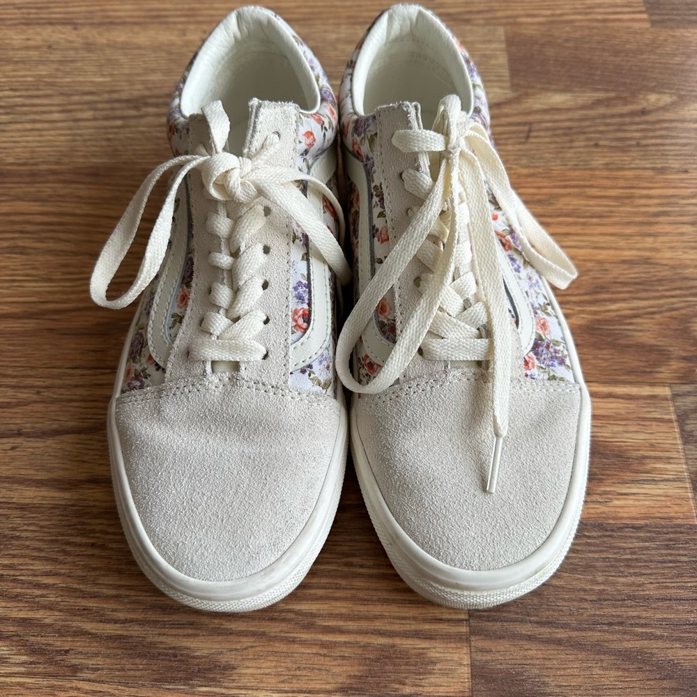 Floral Canvas Low-Top Sneakers - Cream with Pink & Purple Flowers
